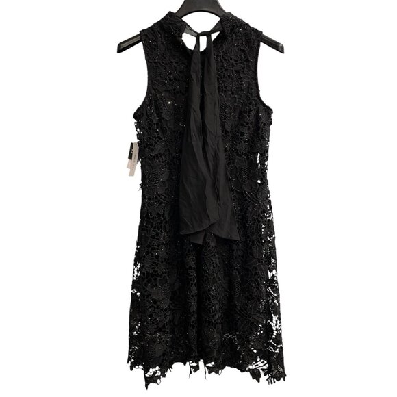 Robbie Bee Dress Womens M Black Lace Overlay Lined Midi Metallic Event Cocktail - Picture 2 of 13